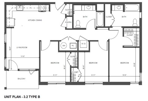 Floor plan for 3 beds, 2 baths, 1113 sqft